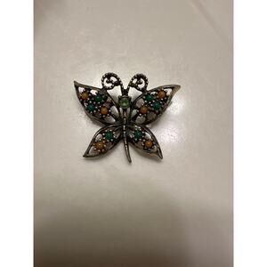 Vintage Sarah Coventry Rhinestone Butterfly Brooch Antiqued Gold Tone